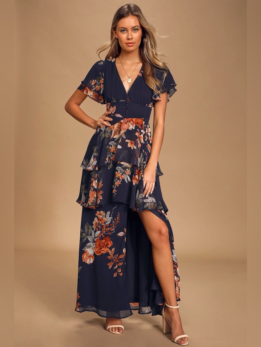 Lulus Midnight Mood Navy Blue Floral Print Tiered Maxi Dress Size Large
